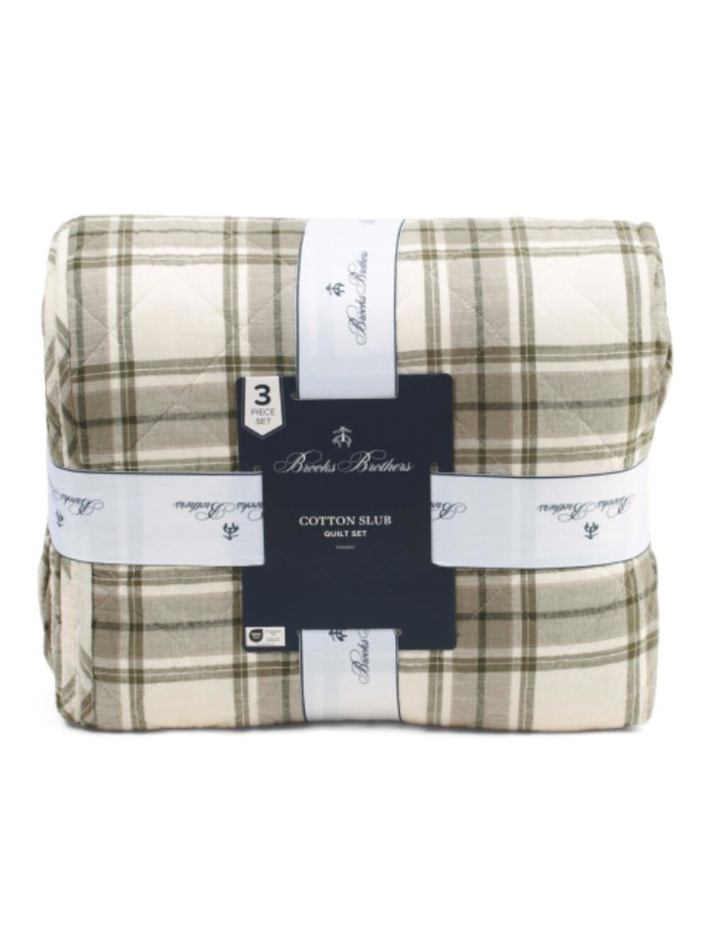 BROOKS BROTHERS Olive and Cream Cotton Plaid Quilt Set
